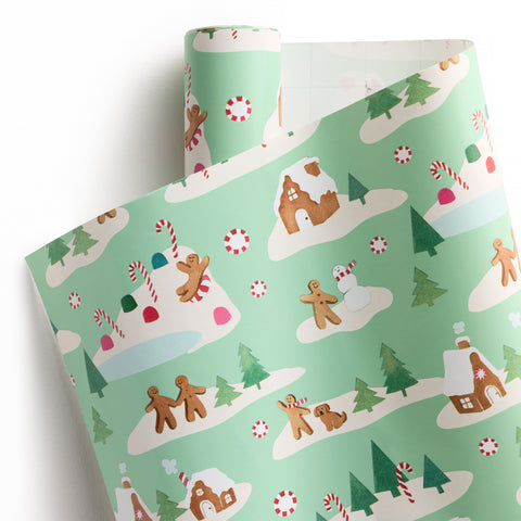 Mint Gingerbread Village Wrapping Paper Roll